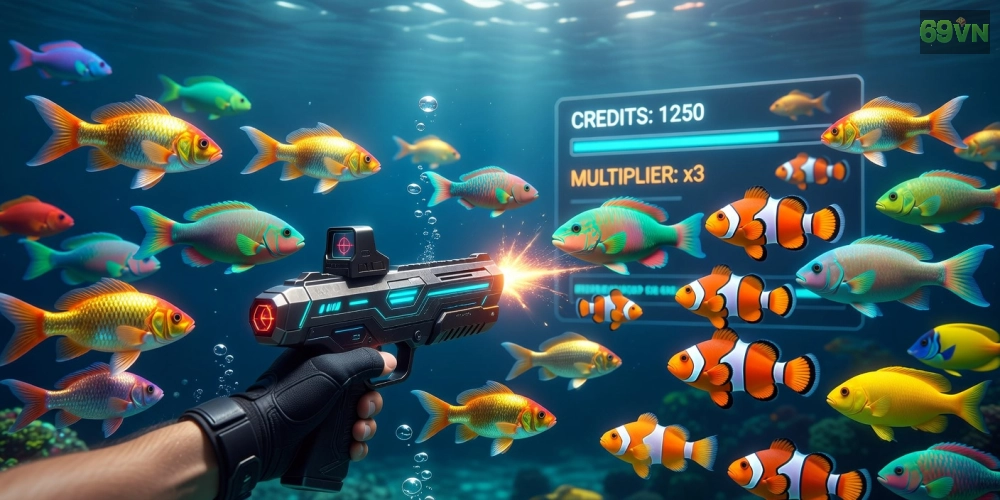 Minh họa giao diện game bắn cá vàng 69vn với hình ảnh cá vàng lấp lánh và súng bắn